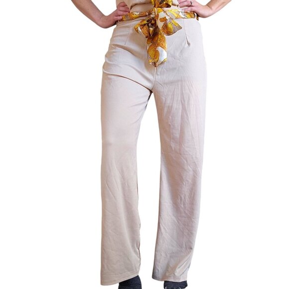 70s Inspired Womens Jumpsuit Sz 10 12 Cream Wide Leg Belted Keyhole Back Stretch - Picture 4 of 11